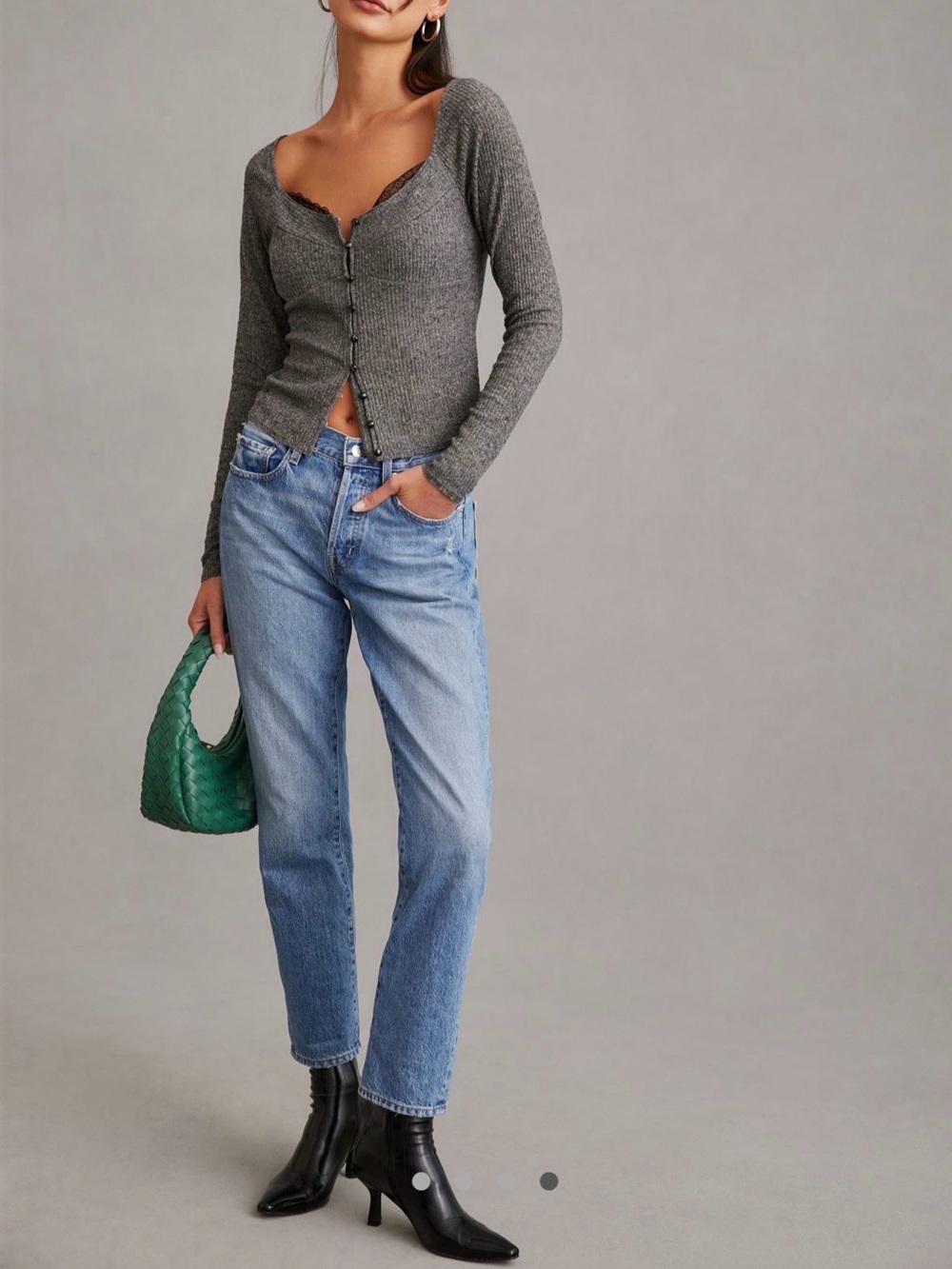 Anthropologie Heather Gray Ribbed Button-Front Long-Sleeve Top
